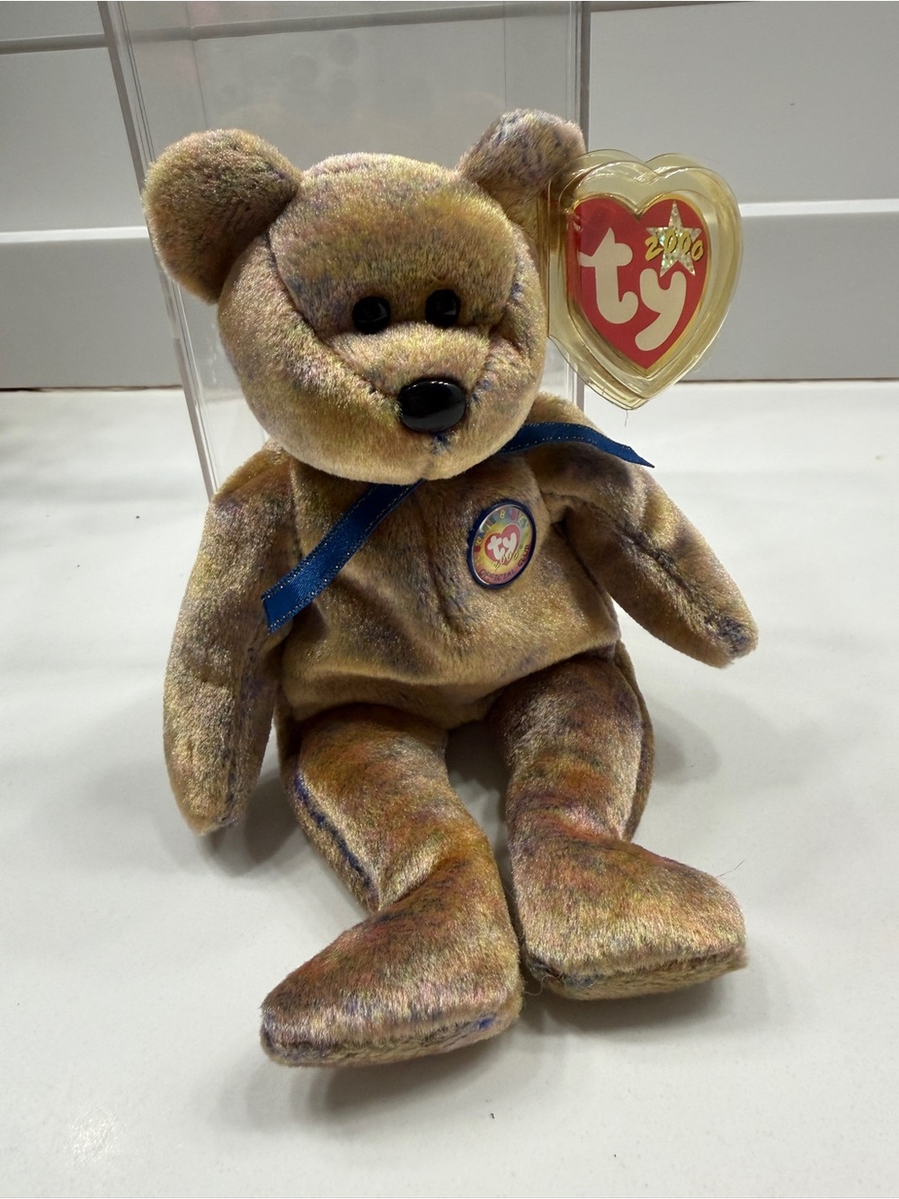 Ty Multicolor Iridescent Plush Bear with Blue Ribbon